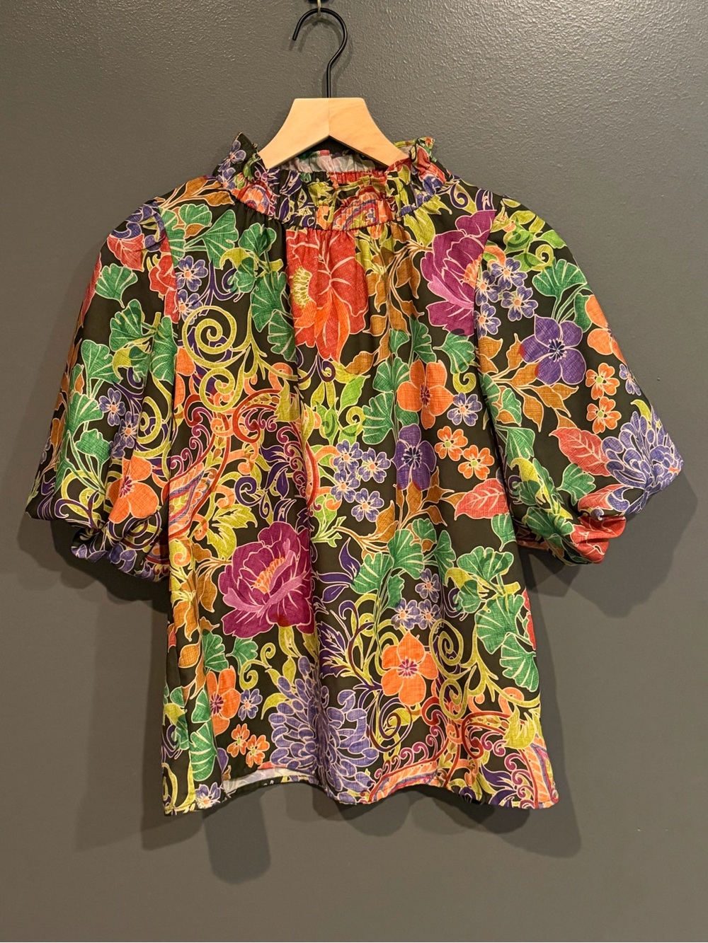 THML Floral Puff Sleeve Blouse with Vibrant Garden Print